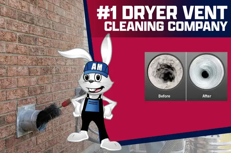 Appliance Magic mascot cleaning a dryer vent with lint brush and flexible vent hose.