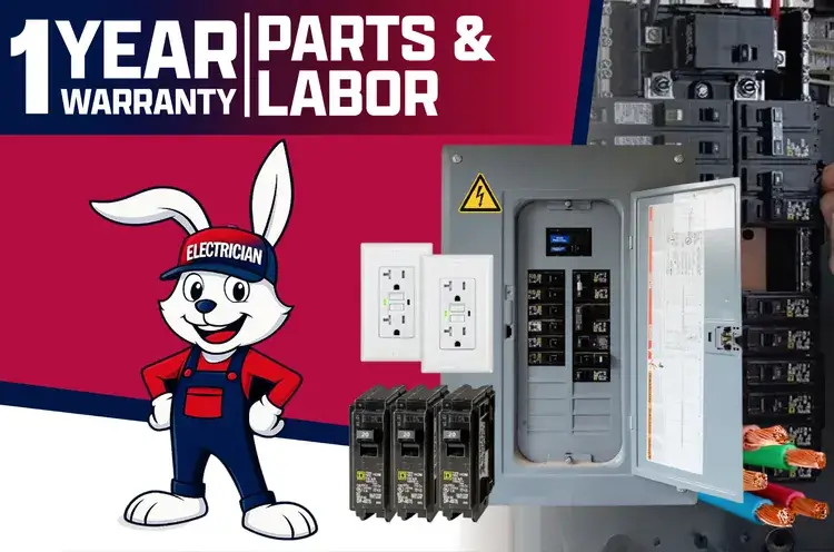 Electrical service and repair image showing Appliance Magic electrician mascot with breaker panel, GFCI outlets, and breakers.