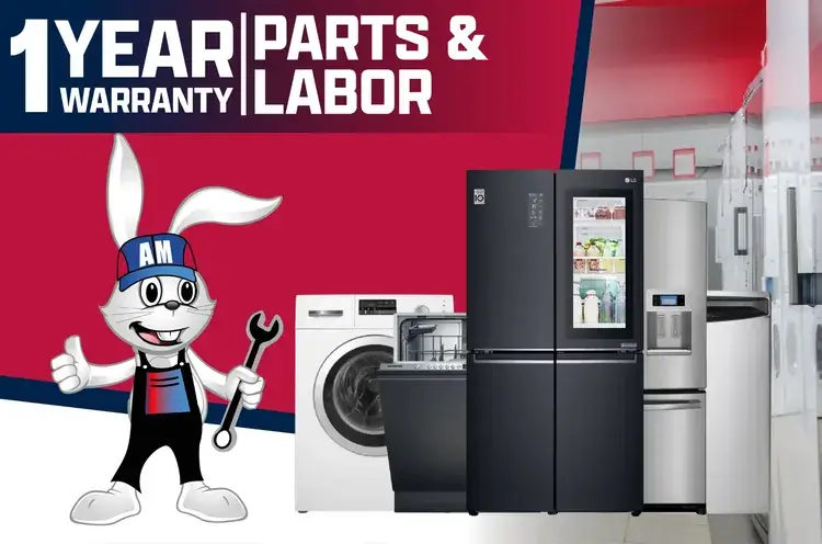 In-home appliance repair image showing Appliance Magic mascot with multiple household appliances and warranty banner.
